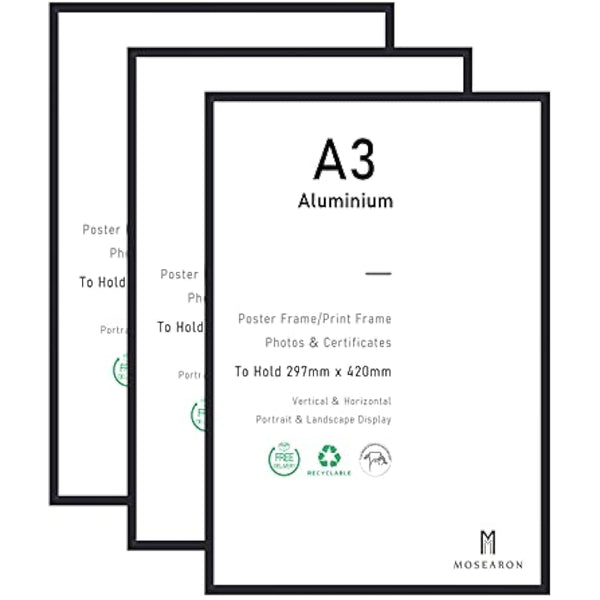 A3 Certificate Picture Frame,3 Pack Black Aluminum Photo Frame with plexiglass for Wall Mount Display,29.7x42 cm,Set of 3