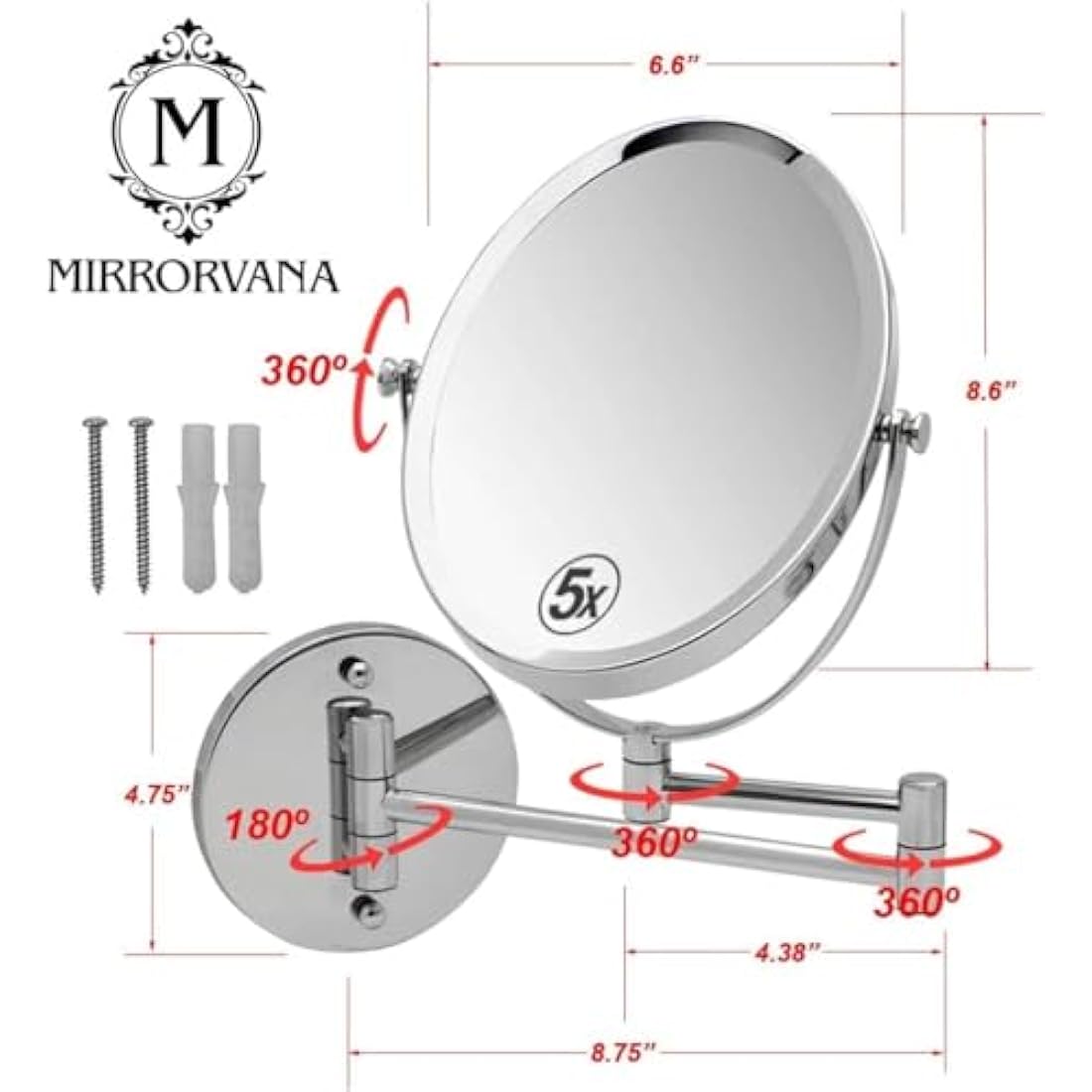 Extending Wall Mounted Bathroom Mirror for Shaving and Makeup - Double Sided 5X / 1X Magnification with 360° Rotation - 33cm Extendable Swivel Arm, Oval 17x22cm (Polished Chrome)