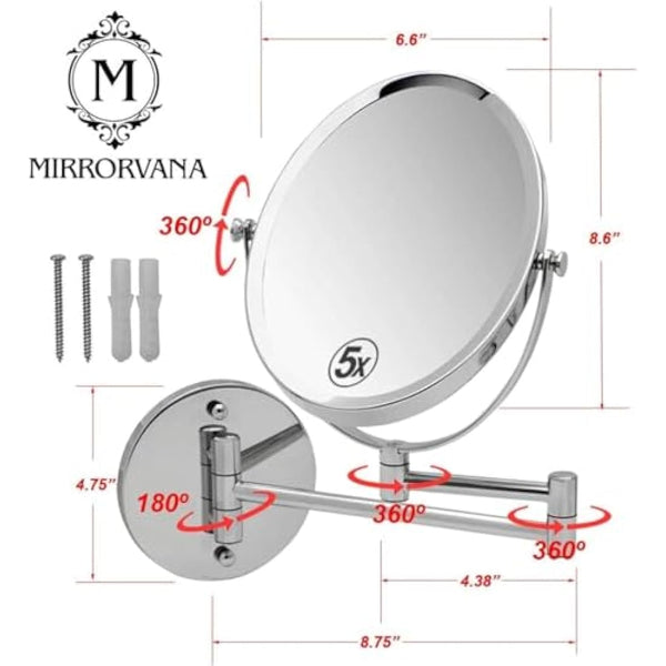 Extending Wall Mounted Bathroom Mirror for Shaving and Makeup - Double Sided 5X / 1X Magnification with 360° Rotation - 33cm Extendable Swivel Arm, Oval 17x22cm (Polished Chrome)