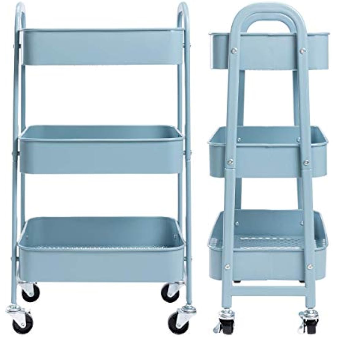 DOEWORKS Storage Trolley on Wheels Metal 3-Tier Kitchen Trolleys Craft Trolley Beauty Trolleys Rolling Utility Storage Cart for Books Room Bathroom Office, Grey-Blue
