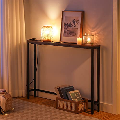 HOOBRO Slim Console Table with Charging Station, Hallway Table with USB Ports and Power Outlets, 100 cm Long, Narrow Sofa/Behind Couch Table for