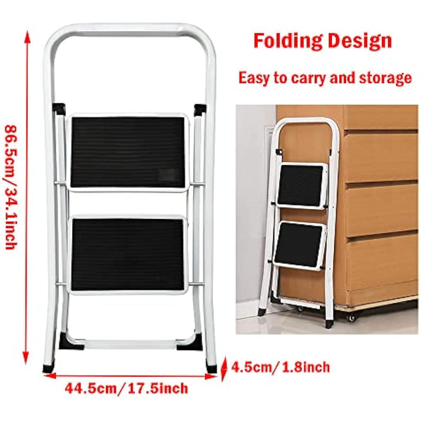 2 Step Ladder Portable Folding 2 Step Stool Heavy Duty Steel Ladder with Hand Rail and Anti-Slip Wide Pedal, Lightweight Stepladder for Home and Kitchen Use, 330lbs Capacity