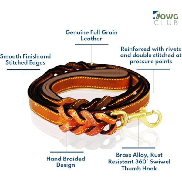 DowgClub | 6' Genuine Leather Dog Leash | Heavy Duty, Handmade, Braided, Strong | Medium, Large, X-L Dogs | Dual Handle Design D Ring | Padded & Traffic | Black, Brown, Cherry, Tan (6 feet, Tan))