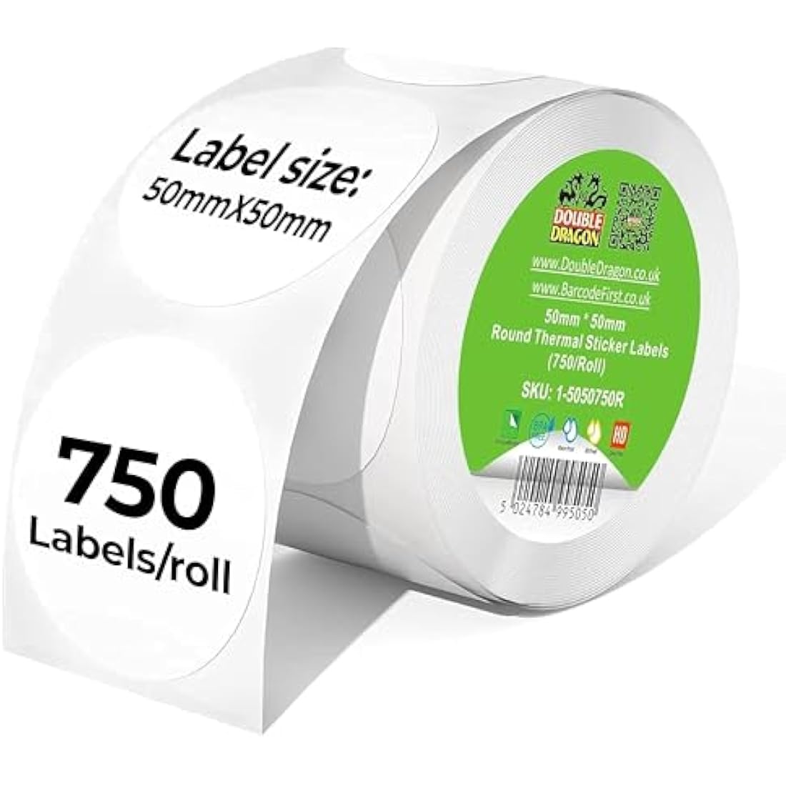Double Dragon, 750 Premium Coated Direct Thermal Round Sticker Labels, 50mm x 50mm, Self-Adhesive, Compatible with Zebra, MUNBYN, Rollo, TSC, Toshiba, Citizen, Direct Thermal Label Printers GK420d