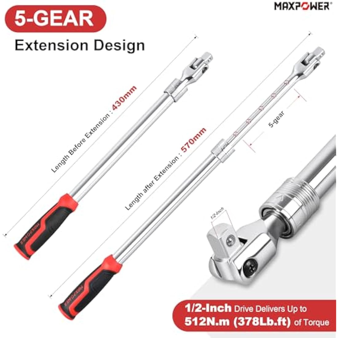 MAXPOWER Breaker Bar Telescopic, 1/2-Inch Drive Breaker Bar Extendable Flex Handle, Length Adjustment 430mm-570mm