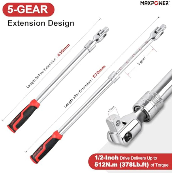 MAXPOWER Breaker Bar Telescopic, 1/2-Inch Drive Breaker Bar Extendable Flex Handle, Length Adjustment 430mm-570mm