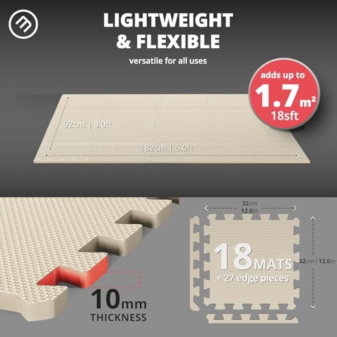 Interlocking Soft Foam Floor Mat - 18 Pieces Protective Gym Flooring Set, Exercise Mats EVA Puzzle Rubber Tiles, Ground Surface Protection Workout Underlay Matting Sports Pool Home Fitness Garage