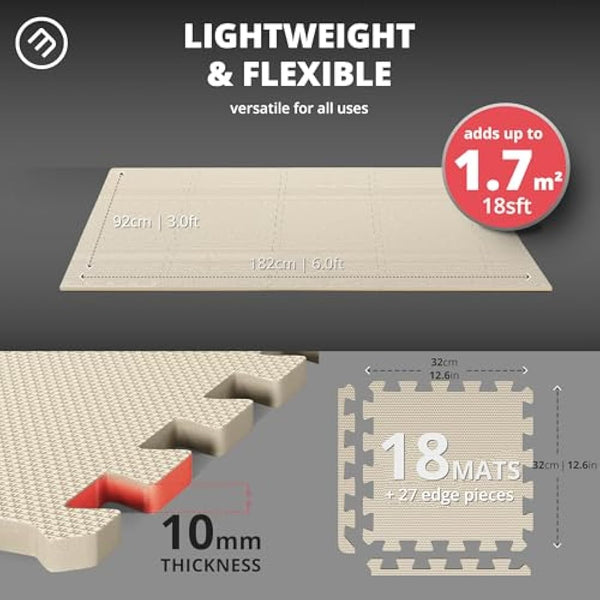 Interlocking Soft Foam Floor Mat - 18 Pieces Protective Gym Flooring Set, Exercise Mats EVA Puzzle Rubber Tiles, Ground Surface Protection Workout Underlay Matting Sports Pool Home Fitness Garage