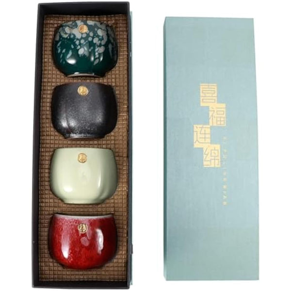 4 Pcs Ceramic Chinese Kung Fu Tea Cup Set - Japanese Retro Mugs for Sake and Tea Drinking With Box (01)