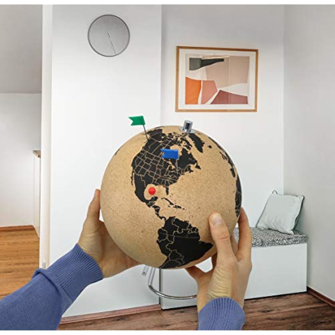 Clear cork globe with 54 different pins - spinning globe 26cm high made of cork - globe as a gift idea for globetrotters
