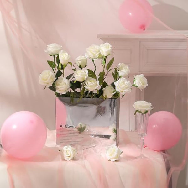 Hawesome 12PCS Artificial Roses Fake Flowers Single Long Stem Blooms with Rose Buds Wedding Decoration Bridal Bouquet Decorative Flower Arrangement Home Decoration Party Centerpieces in Cream White