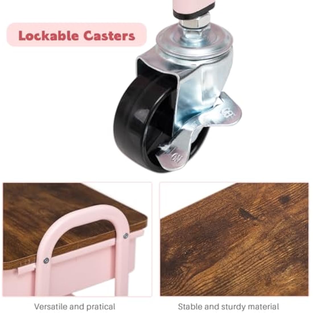 DOEWORKS Storage Trolley on Wheels 3-Tier Metal Trolley Cart with Drawer Rolling Kitchen Trolleys Beauty Trolleys with Leather Handle for Room Bathroom Office, Pink