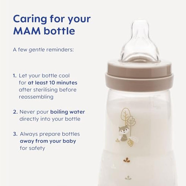 MAM Easy Start Anti-Colic Baby Bottles | 3 Pack (3 x 260) | Self-Sterilising Baby Milk Bottle | Medium Flow MAM Teats Size 2 | Newborn Essentials | Blue (Various Designs)