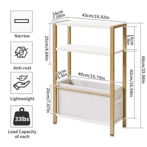 Aibiju Narrow Side Table,3-Tier Slim End Table with Fabric Basket, Modern Sofa Table for Narrow and Small Spaces,with Gold Metal Frame,White YD-TM052J