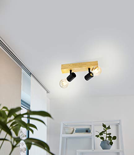 Eglo Townshend 3 Ceiling Light, 2-Flame Vintage Wall Spotlight with an Industrial/Retro Design Made of Steel and Wood, Black and Brown Colours, E27