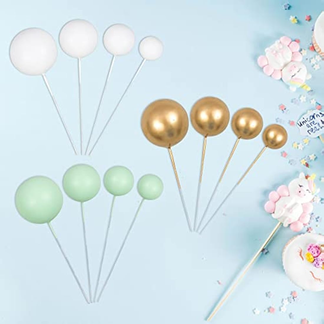 Gyufise 30Pcs Balls Cake Topper Mini Balloons Cupcake Topper DIY Cake Insert Topper Foam Cake Balls Baking Decoration for Wedding Anniversary Valentines Day Birthday Party Green Gold White
