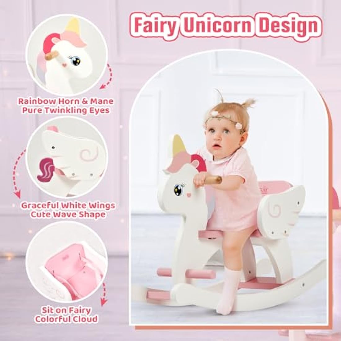FUNLIO Wooden Unicorn Baby Rocking Horse Ages 0.5-3, Cute Baby Rocking Horse with Safety Belt & Backrest, Easy to Assemble Toddler Ride on Toys, CPC & CE Certified - Pink