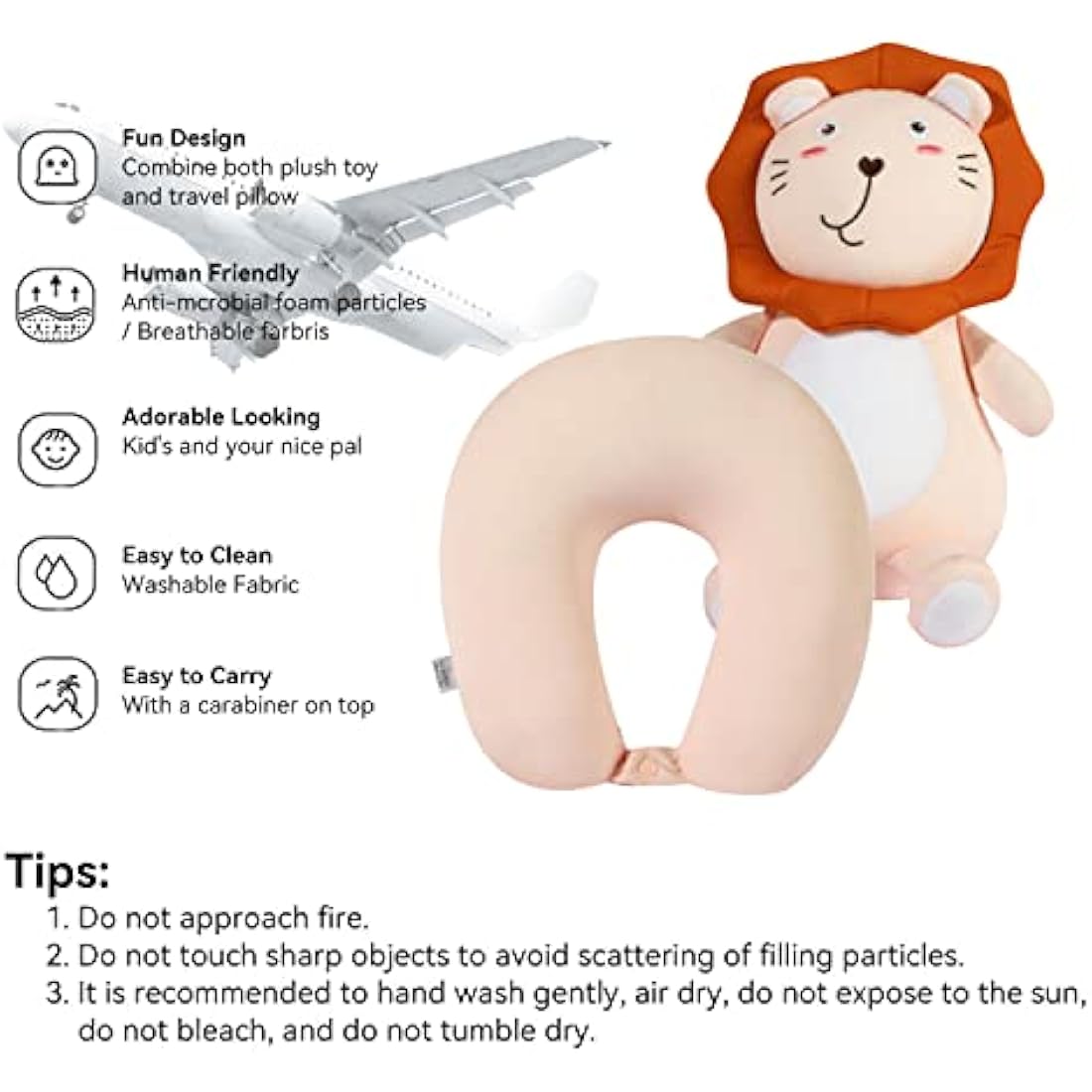 JOYRAVO 2-in-1 Travel Pillow for Kids - Soft and Adorable Animals Plushie That Converts into a U-Shaped Neck Pillow for Ultimate Comfort During Airplane, Train, Bus Trip -Pink Lion