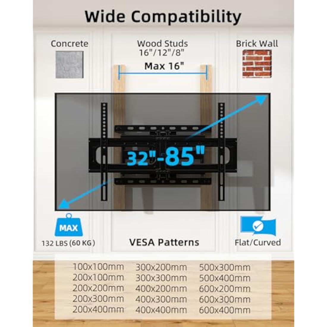 HOME VISION Heavy Duty Full Motion TV Wall Mount Bracket for 32-85 Inch Flat/Curved Screens, Swivel & Tilt, 60kg/132lbs Capacity, Max VESA 600x400mm, Fits Most 40 43 50 55 65 70 75+ Inch TVs, HV6601