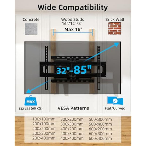 HOME VISION Heavy Duty Full Motion TV Wall Mount Bracket for 32-85 Inch Flat/Curved Screens, Swivel & Tilt, 60kg/132lbs Capacity, Max VESA 600x400mm, Fits Most 40 43 50 55 65 70 75+ Inch TVs, HV6601