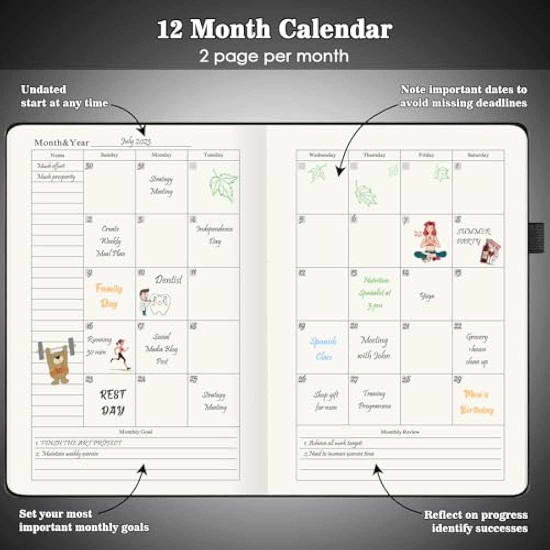 Asten Planner, Undated Daily Planner with To Do List, 365 Days Planner for ADHD Adult, Agenda Men, Hourly Planner Notebook for Goal Setting, Productivity Planner with Calendar, 8.3'' x 5.8'' (Black)