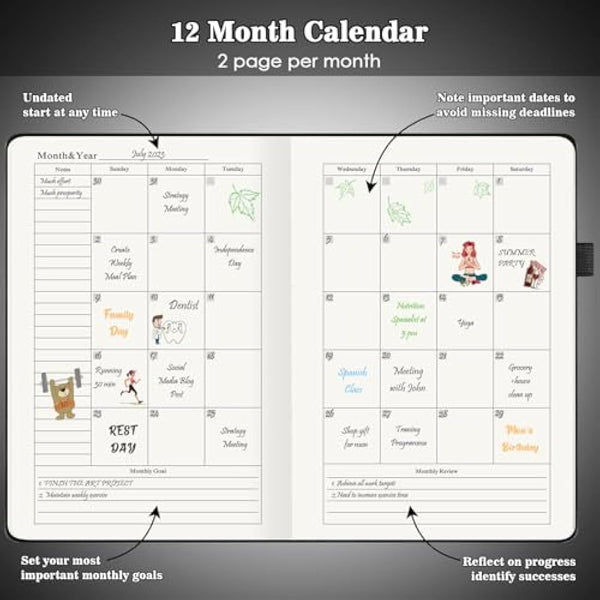 Asten Planner, Undated Daily Planner with To Do List, 365 Days Planner for ADHD Adult, Agenda Men, Hourly Planner Notebook for Goal Setting, Productivity Planner with Calendar, 8.3'' x 5.8'' (Black)