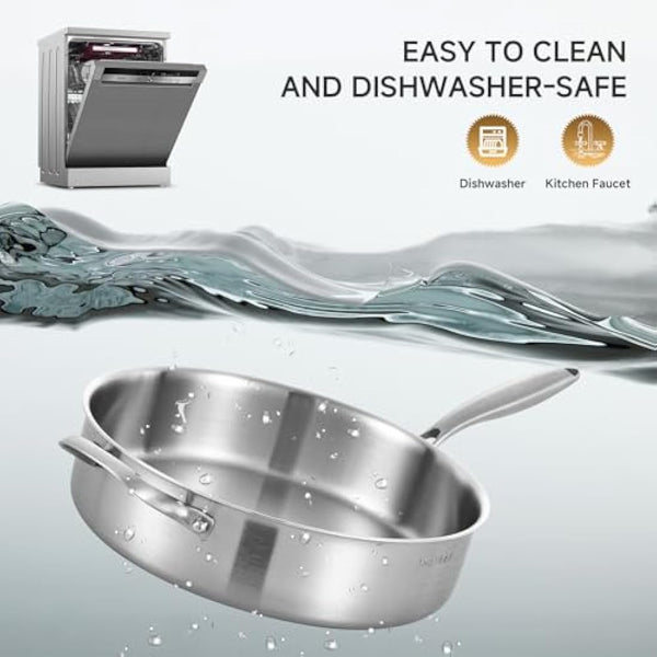 Inqibee 28 CM Tri-Ply Stainless Steel Sauté Pan with Lid,Induction Deep Frying Pan,Detachable Ergonomic Handle and Oven Safe