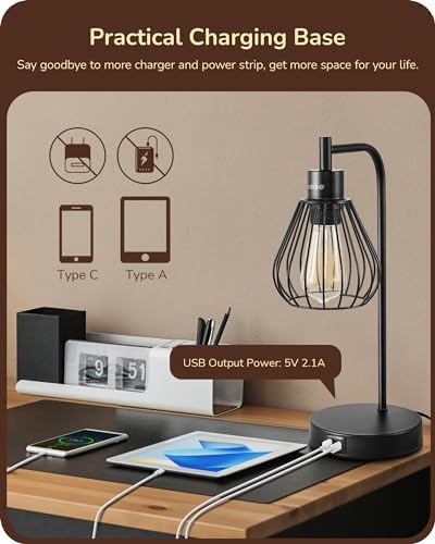 EDISHINE Bedside Lamps Set of 2, Dimmable LED Table Lamp, Teardrop Cage Lampshade, USB Charging Ports, Touch Lamps for Living Room, Bedroom, E27 Socket, Bulb Included, Black