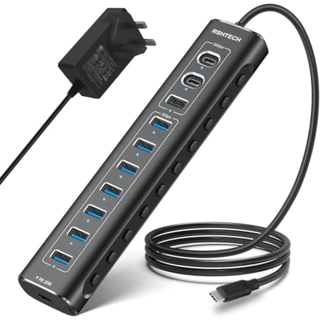 RSHTECH 60W Powered USB 3.2 Hub, 11-Port USBC Hub with 10Gbps Data Port (2C+1A), 7 x USB 3.0 Port and 20W PD, Aluminum USB Splitter with 12V/5A Power Adapter and 3.3ft Long Cable (RSH-A11PD)