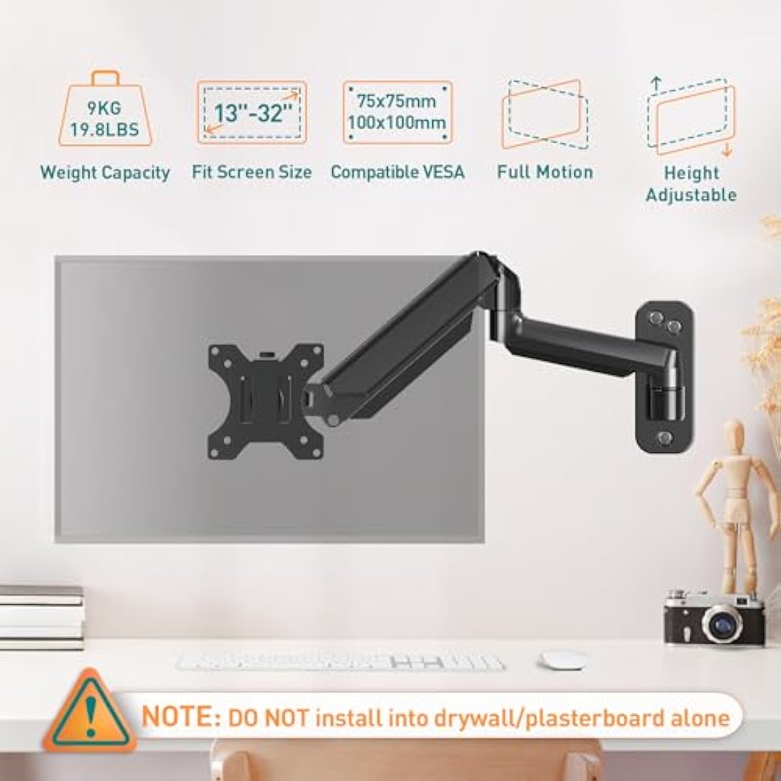 ELIVED Wall Mount Gas Spring Arm for 13-32 Inch PC Monitors With VESA 75x75 / 100x100mm up to 9KG, Tilt Swivel Rotate Single Arm, Height Adjustable Wall Bracket EV023