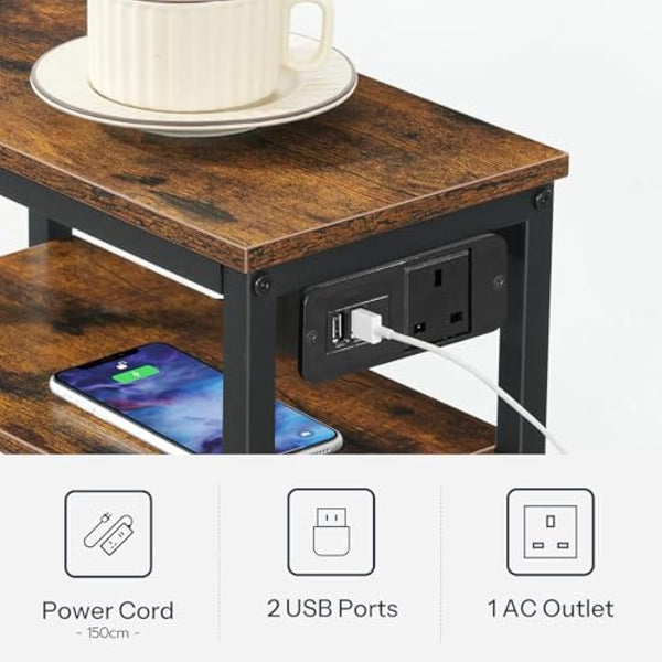 HOOBRO Narrow Side Table, Slim Side Table with Charging Station, USB Ports and Power Outlet, Bedside Table for Small Space, 40 x 20 x 60 cm, for Living Room, Rustic Brown and Black EBF125KBZ01