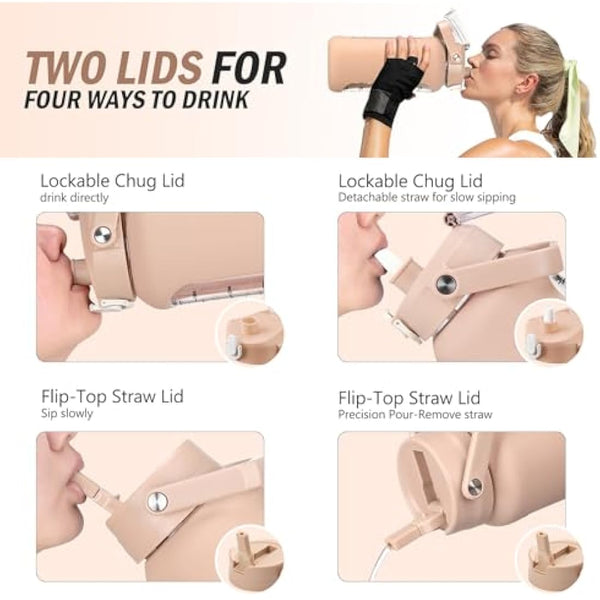 HYDRAGLAZIC 2L Glass Water Bottle with 2 Lids Flip and Chug Lids 2 Liter Large Water Jug with Time Marker and Silicone Sleeve BPA Free Leak-proof for Sports Gym, Amber