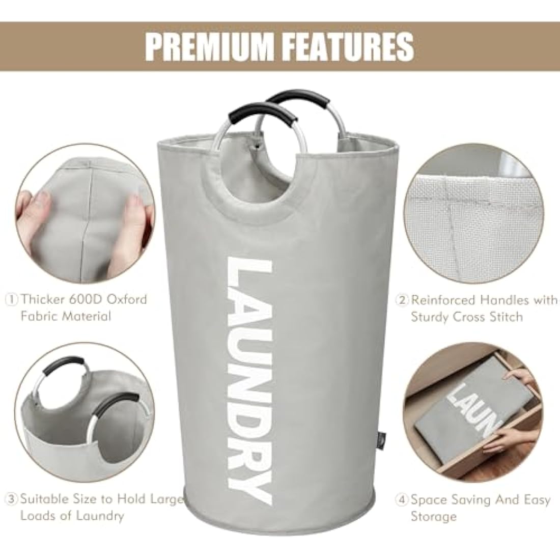 DOKEHOM 90L Large Laundry Basket, Collapsible Laundry Bag, Freestanding Tall Clothes Hamper, Foldable Washing Bin (Grey)