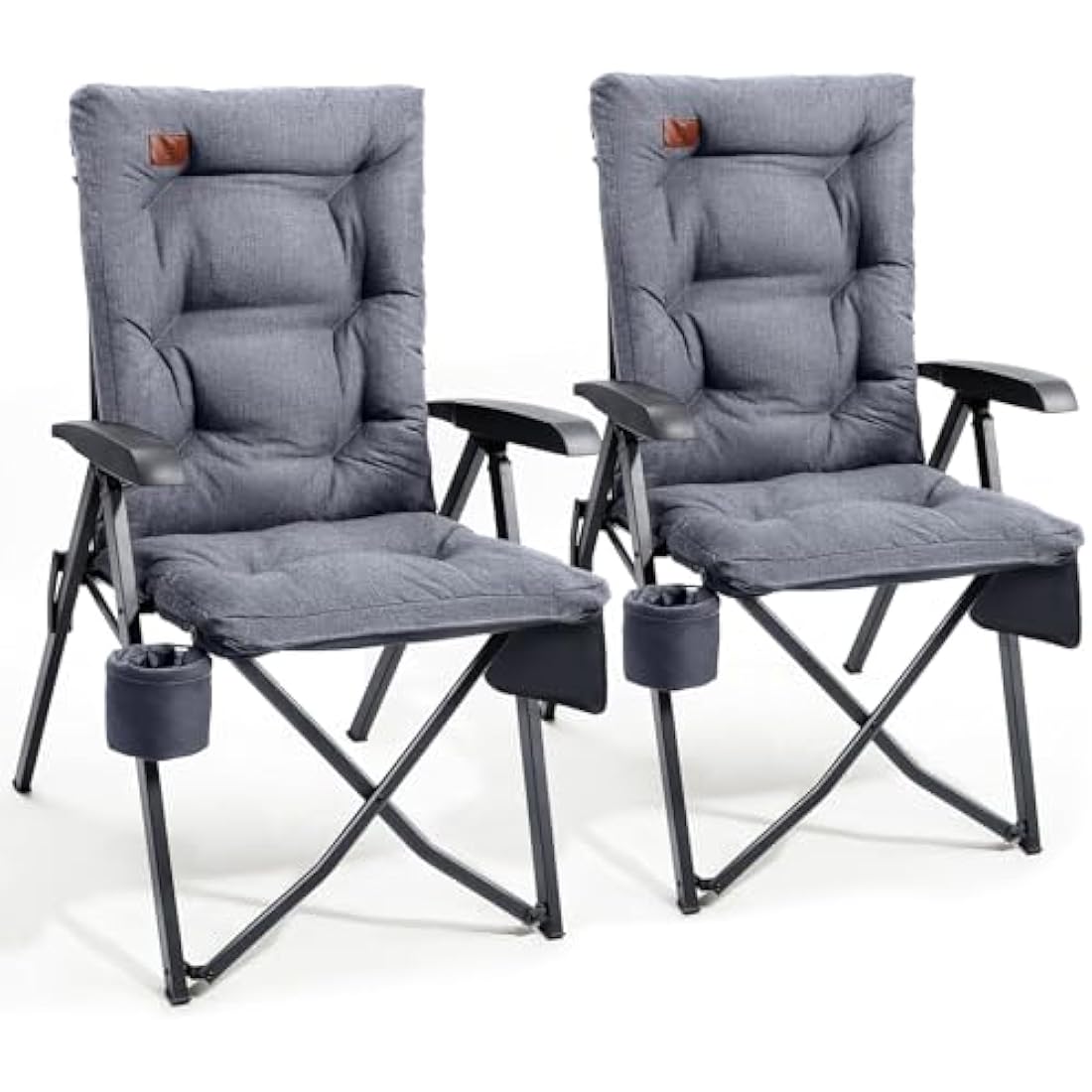 EVER ADVANCED Luxury Camping Chairs 2 Set for Adults Heavy Duty High Back Oversized Folding Garden Chair Comfy Padded 6cm Loadable 150kg Adjustable Dining Chairs 4-Position Recliner Chair Grey