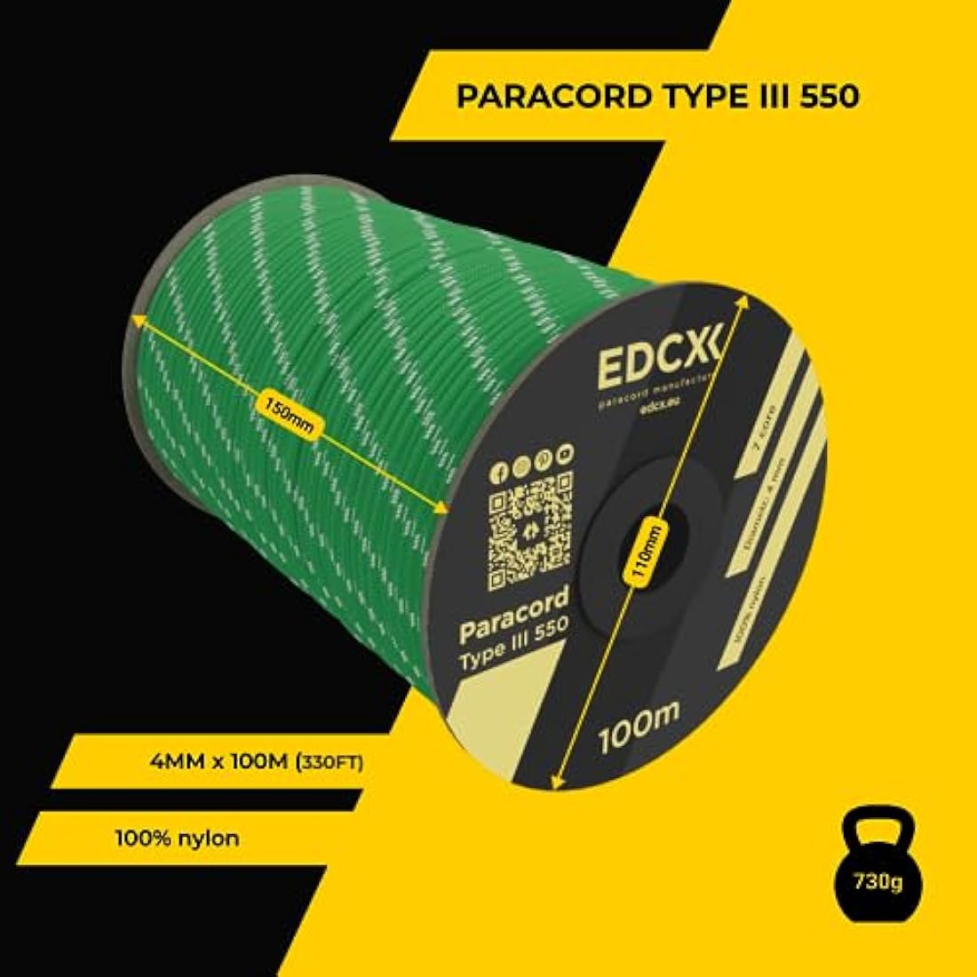 EdcX 4mm Rope 550 - Type III, 100% Rope, 7 Strand Rope, 4mm Rope in Solid Colors