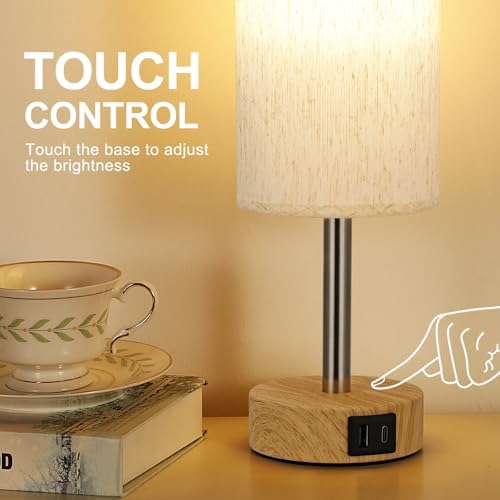 Aooshine Bedside Lamps Set of 2 Touch Table Lamps with USB-C USB-A Charging Ports, 3 Way Dimmable Bedside Lamp for Bedrooms, Small Touch Lamps for Living Room (Bulb Included)