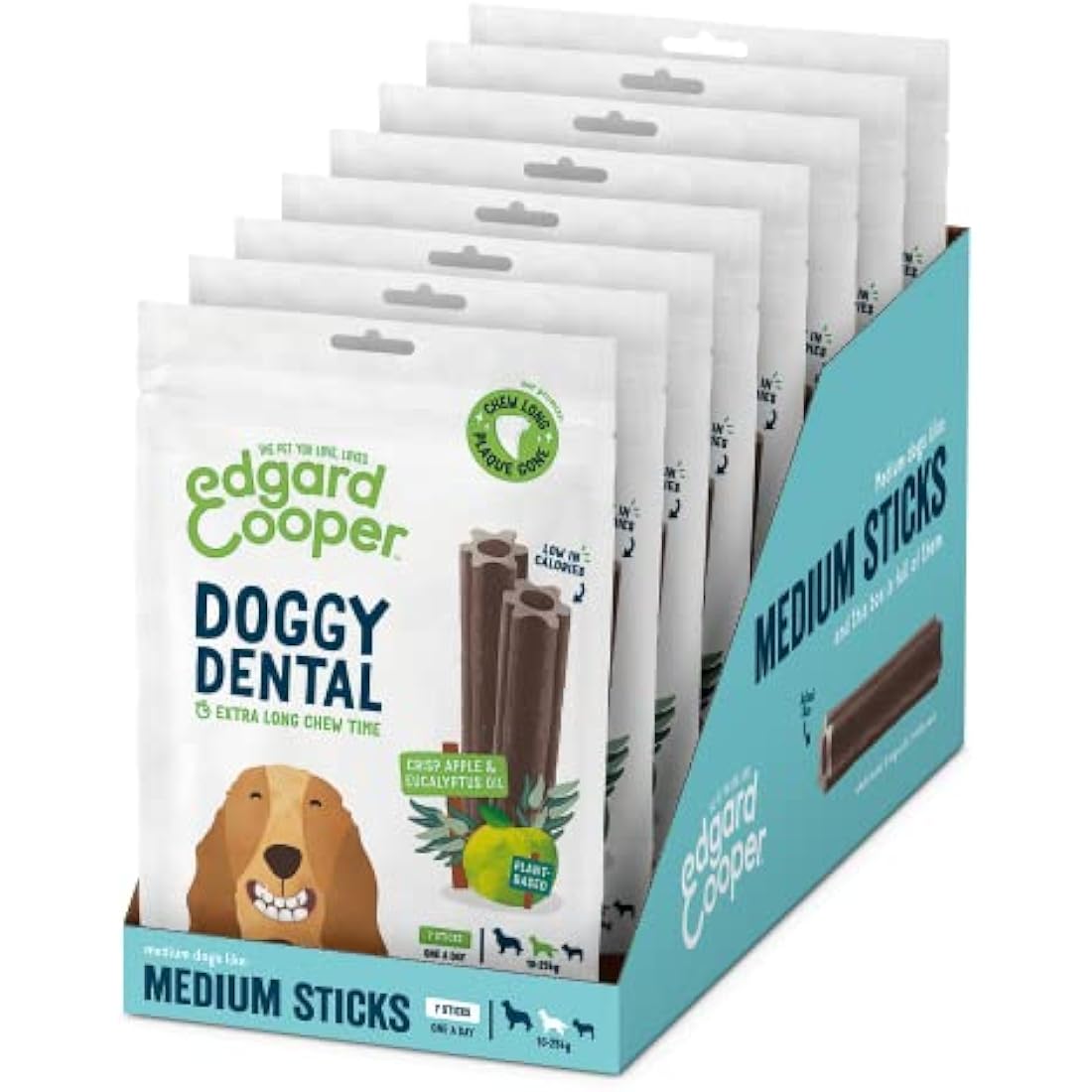 Edgard Cooper Treats Dental Stick, Medium - Eucalyptus & Apple - (8 x 7 stick pack), Natural Dog Chew Sticks, Dental Hygiene, One per Day, Low Calorie, Long Chewing, Fresh Breath