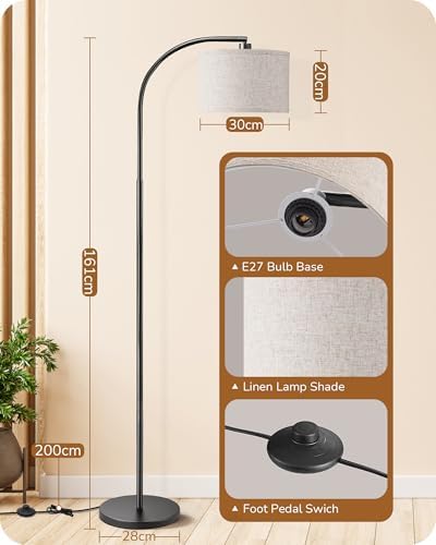 EDISHINE LED Floor Lamp, 63" Standing Lamp with Adjustable Linen Shade,Black Metal Arc Light Pole, Modern Simple Reading Light for Living Room, Lounge, E27 Socket