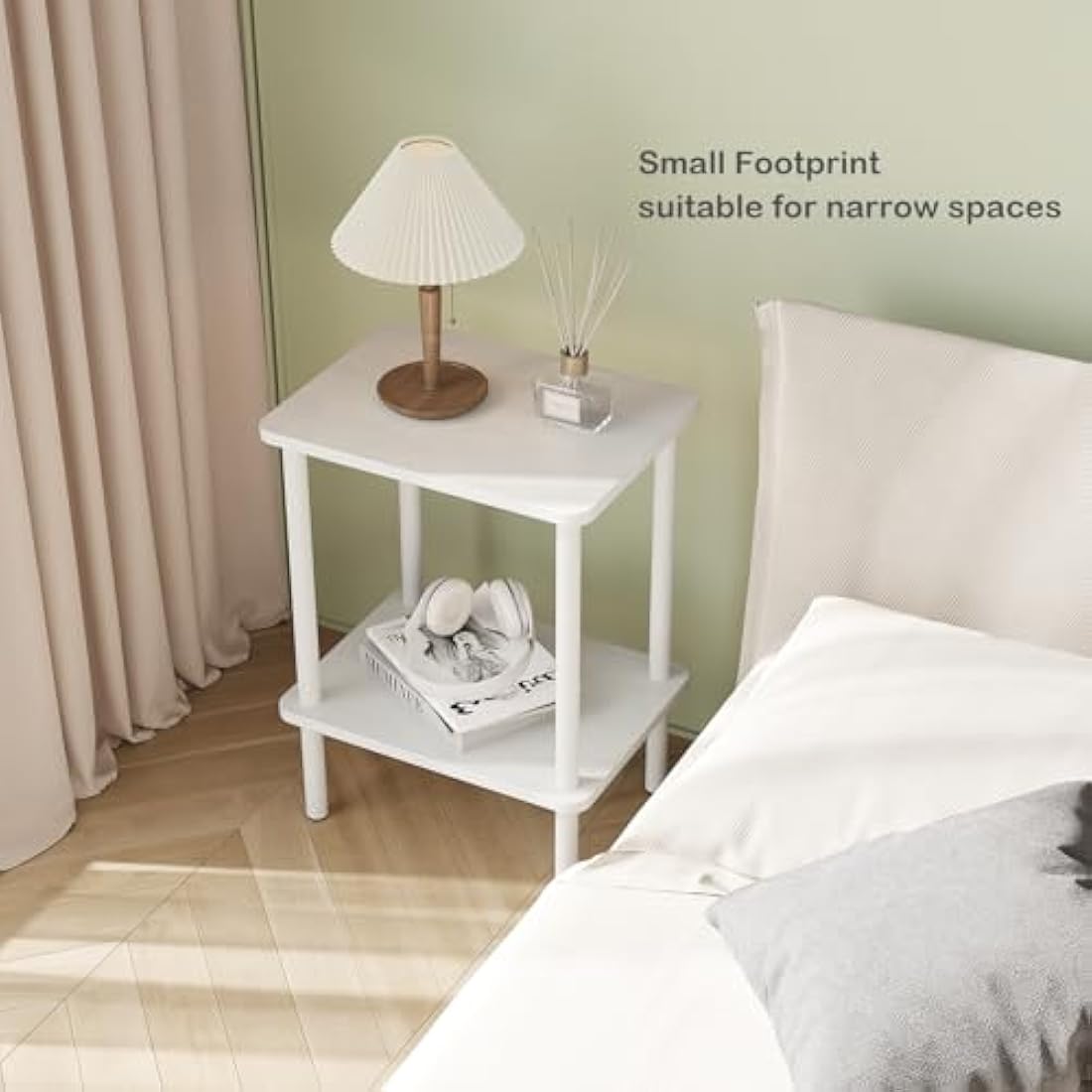 APICIZON 2 Tier Side Table, Narrow End Table with Storage Shelf, Bedside Table Nightstand for Small Spaces, Bedroom, Living Room, Entryway, Farmhouse, No-Tool Assembly, White