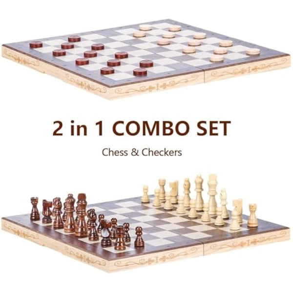 Syrace Magnetic Chess & Checkers Set Board Games, Wooden Foldable Hand Carved Portable Travel Chess Board Game Sets with Game Pieces & Storage Slots 15.74"