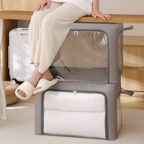 FUSACONY Clothes Storage Boxes, 2 Pcs Closet Organizers and Storage, Foldable Clothes Storage Box with Double Opening Zips and Three Clear Windows for