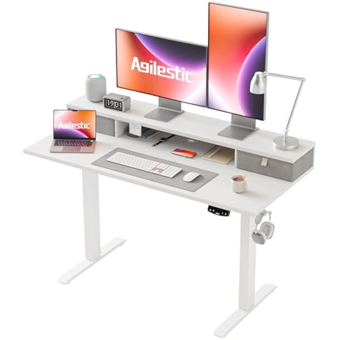Agilestic Electric Adjustable Height Desk with 2 Drawers, 120 x 60 cm, Stable Sit-Stand Desk with Memory Control, Ergonomic Computer Desk, White