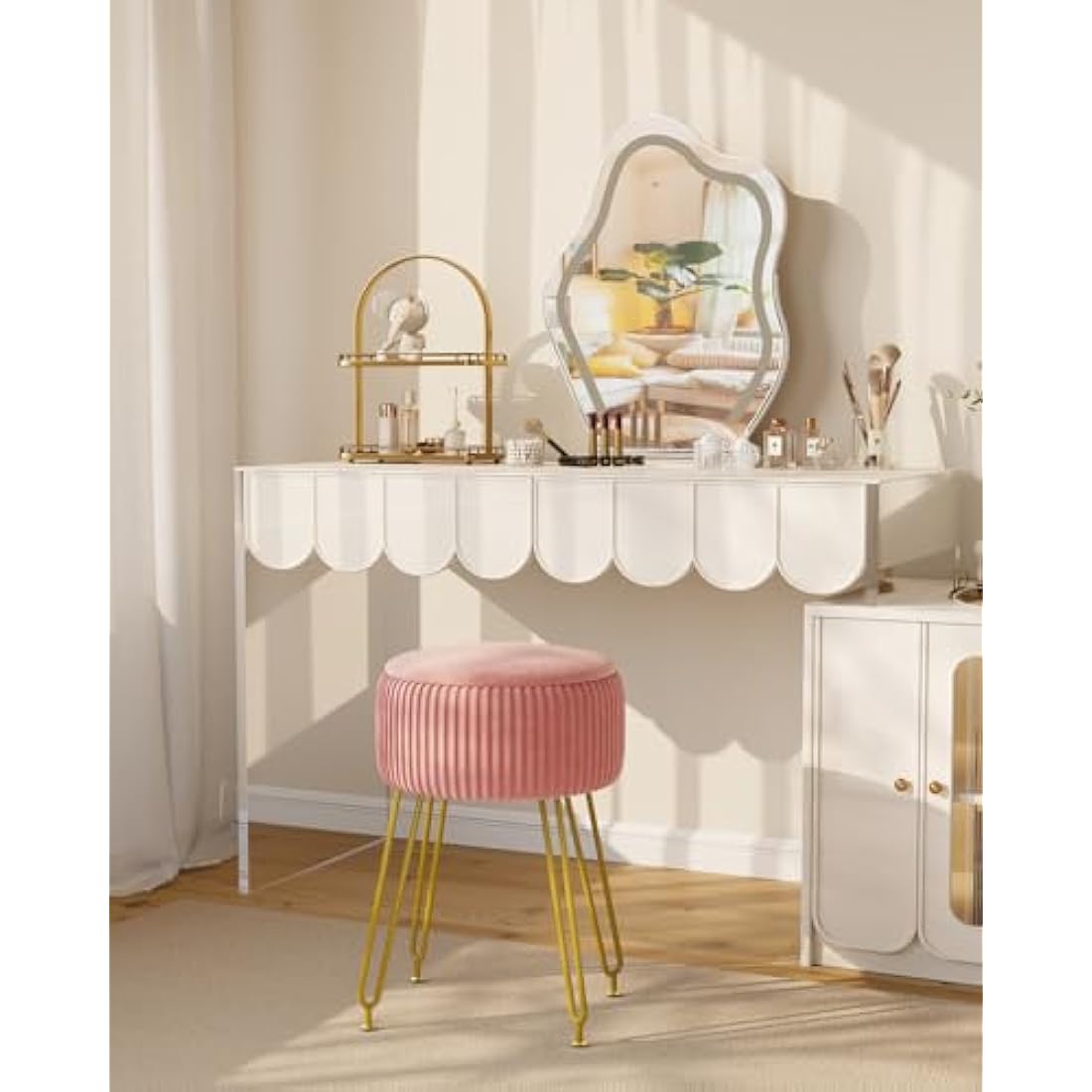 IBUYKE Velvet Storage Footrest Stool Ottoman, Makeup Vanity Stool Side Table with Golden Steel Legs Removable Cover, Coffee Table Top Cover, Pink L/G-20P