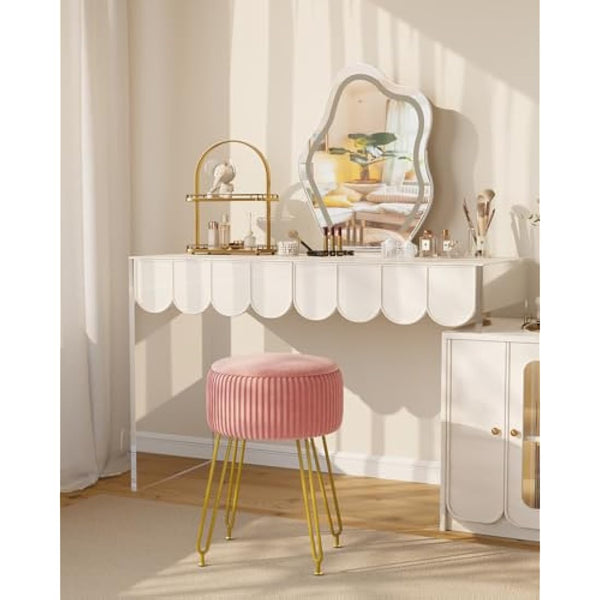 IBUYKE Velvet Storage Footrest Stool Ottoman, Makeup Vanity Stool Side Table with Golden Steel Legs Removable Cover, Coffee Table Top Cover, Pink L/G-20P