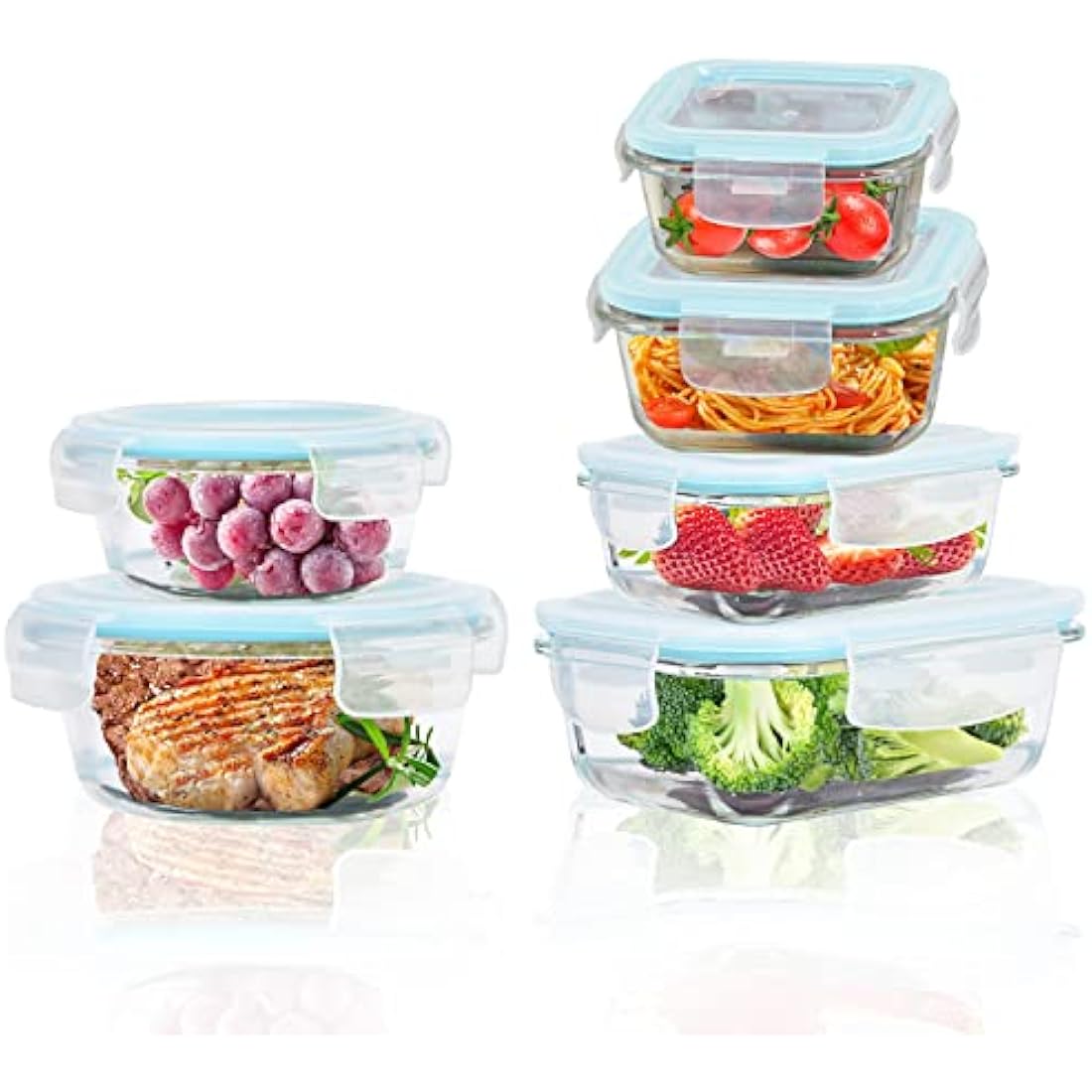ROSOS Glass Food Storage Containers with Airtight Lids, 6 Pack Super Leak Proof Glass Containers with Lids, Not Easy Broken & BPA Free, Glass Food Containers with Lids for Freezer to Oven Safe, Blue