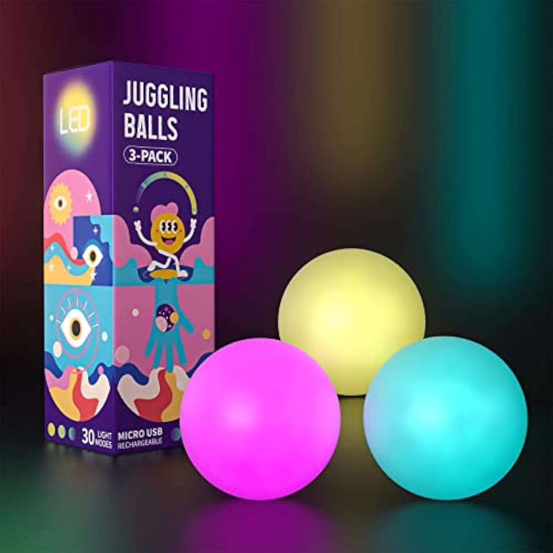 Juggling Balls LED 3-Piece Set - Cool Luminous Juggling Set for Beginners and Professionals | Perfect Juggling Balls for an Effective show for Children and Adults | Rainbow Colors and Strobe Effect