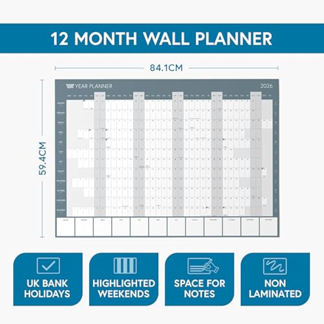 2026 Year Wall Planner by Clear Mind Concepts® - Large A1 (84.1 x 59.4cm) Calendar - Includes All Bank Holidays - Ideal for Home, Work, Students & Office - Delivered Rolled in a Tube