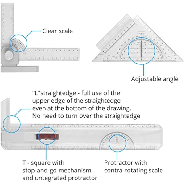 eSynic A4 Drawing Board Set A4 Multifunction Drafting Table Adjustable Measuring System Angle Parallel Motion Drawing Board with Protractor, Paper Locator, Sliding Ruler, Anti Slip Support Leg