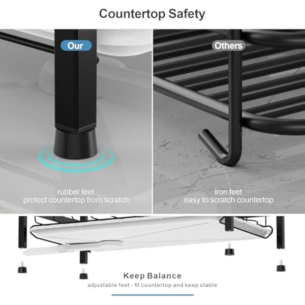 iSPECLE 2 Tier Dish Drainer Rack - Rustproof Dish Drying Rack with Automatic Drainage, Dish Rack with Drainboard and Cup Holder, Large Capacity Draining Board Rack for Kitchen Worktop, Black