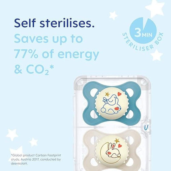 MAM Original Night Soothers | 0-6 Months | 2 Pack | Glow in The Dark | Comes in Dummy Steriliser Case | Baby Accessories for Newborn | Blue/Cream (Various Designs)